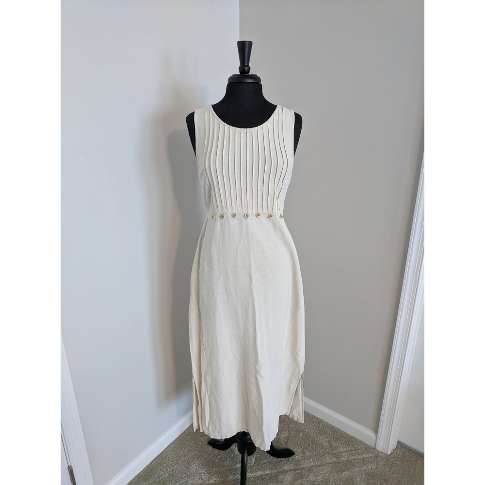 Cream Linen Midi Dress with Button Waist Detail